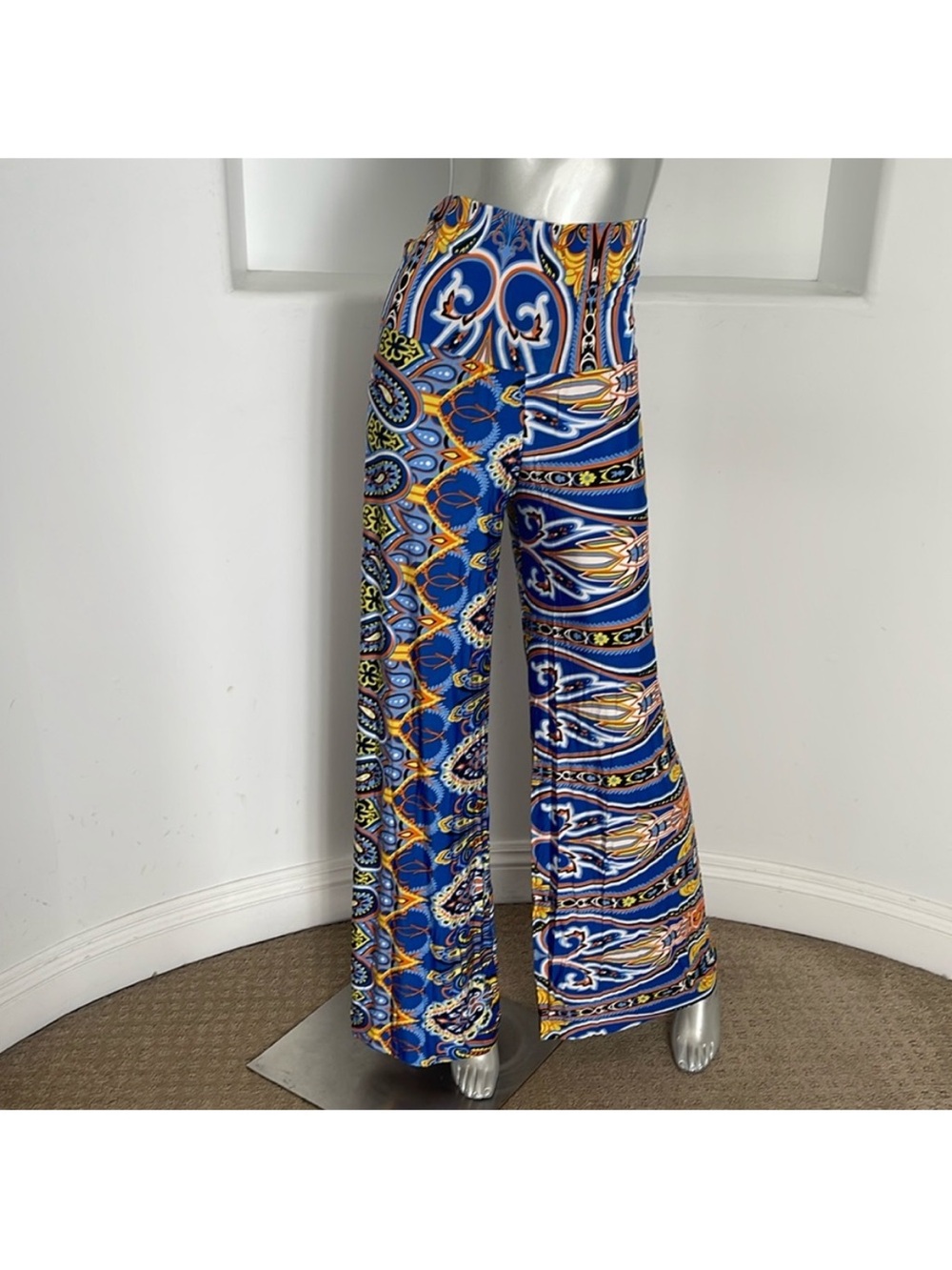 Multi-Print Wide-Leg Blue Paisley Fold Over Palazzo Pants